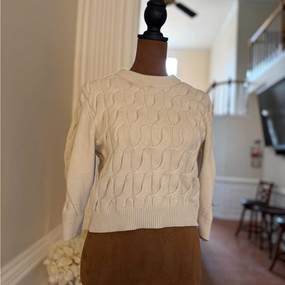 Treasure & Bond Beige Cable Knit Three Quarter Sleeve Sweater